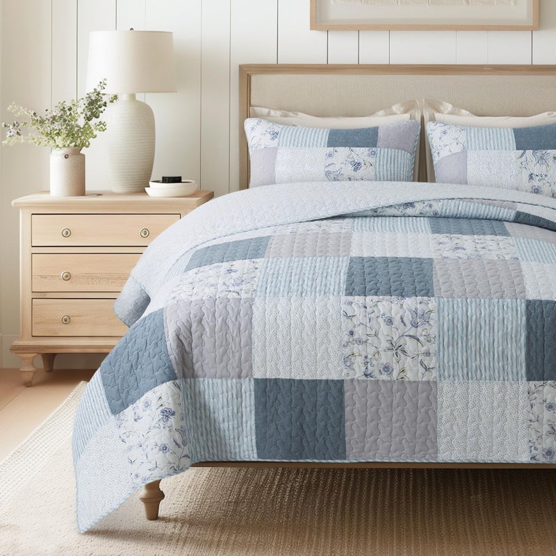 SLPR Coastal Dream Cotton Pieced Quilt Set - King Size with 2 Shams, Soft Purple & Blue Patchwork Quilted Bedspread, Farmhouse Country Style Bedding for All Seasons - Image 1